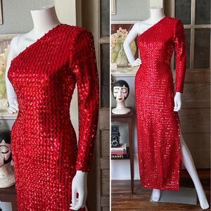 Vintage Climax by David Howard Royal Red Sequin One Shoulder Dress 3/4 XXS